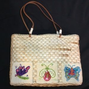 QVC Straw Purse Tote Bag Summer Bugs Butterfly